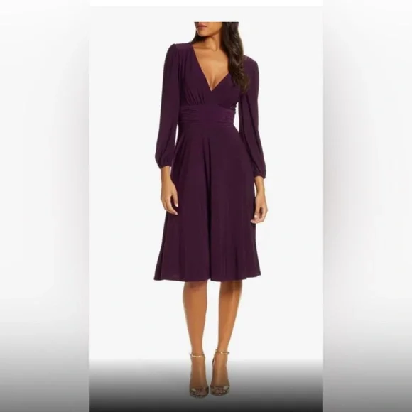 Eliza J | Dresses | Eliza J V Neck Fit And Flare Long Sleeve Dress Purple  Size 6p | Poshmark